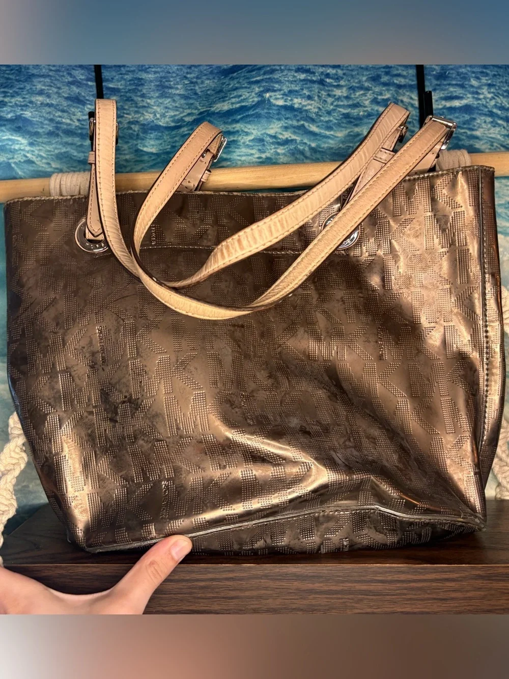Michael Kors Metallic Bronze MK Tote with Tan Handles